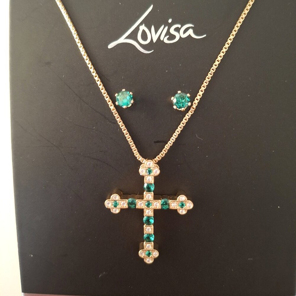 Gold Tone Simulated Emerald Cross and Earring Set